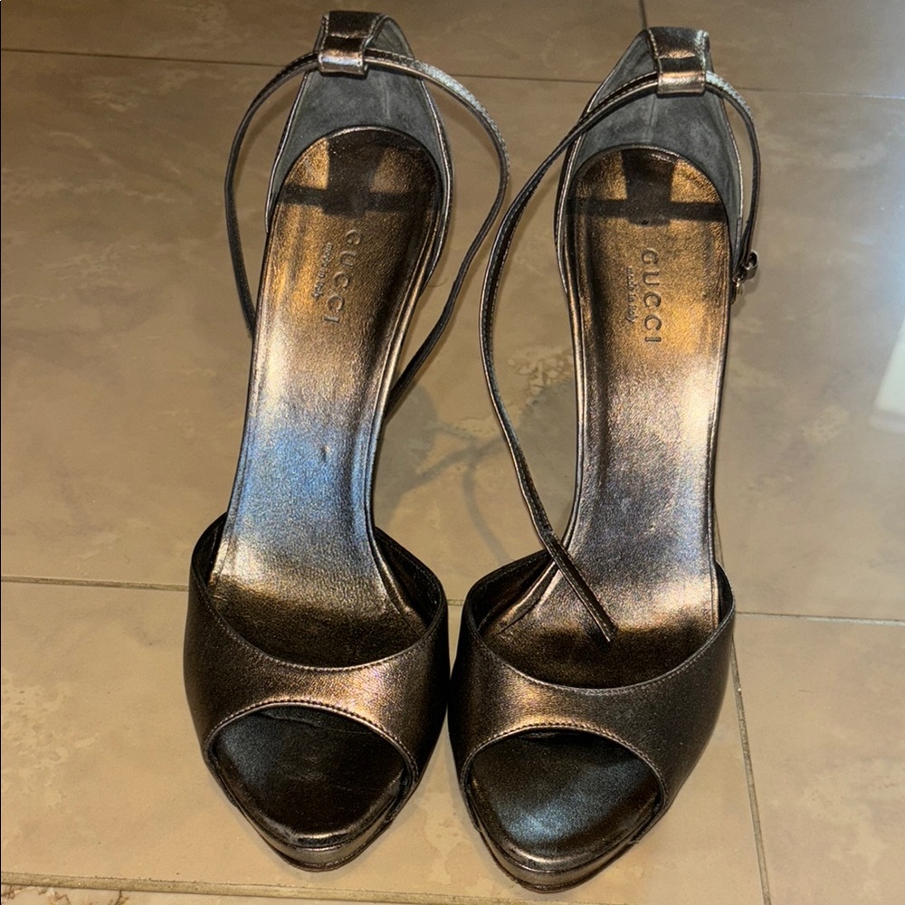 Gucci Black Peep-Toe Heels with Ankle Straps